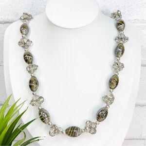 Handmade Gray Brown Swirl Oval Art Glass Smokey Crystal Cluster Beaded Necklace